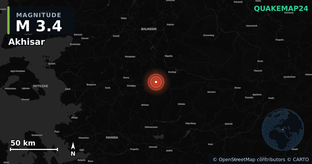 M3.4 earthquake near Akhisar on Aug 23, 2025 — map of epicenter and shaking intensity | QuakeMap24