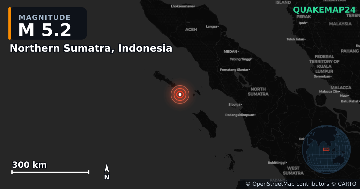 Northern Sumatra, Indonesia yakınında M5,2 deprem — Deprem merkez üssünün konumunu gösteren harita