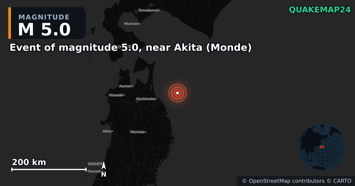 M5.0 earthquake near Event of magnitude 5.0, near Akita (Monde) on Jun 25, 2026 — map of epicenter and shaking intensity | QuakeMap24