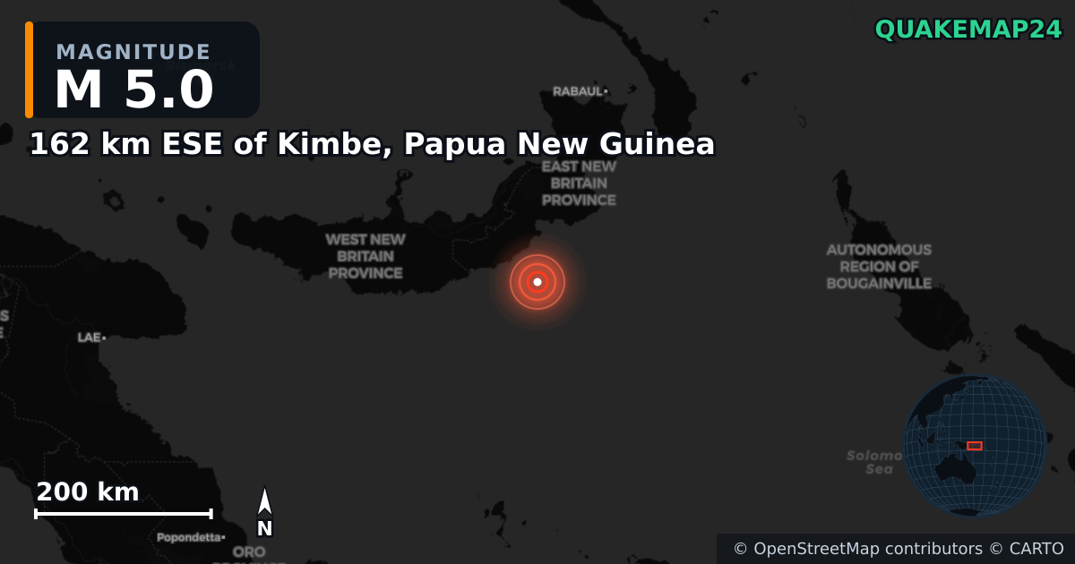 162 km ESE of Kimbe, Papua New Guinea yakınında M5,0 deprem — Deprem merkez üssünün konumunu gösteren harita