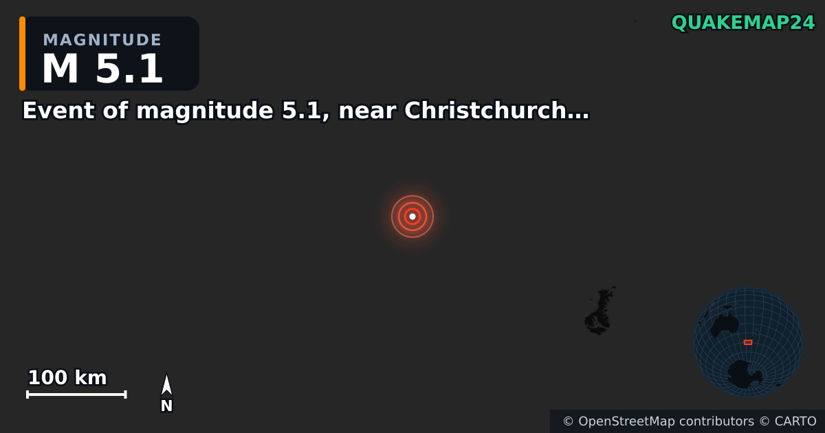 Erdbeben M5,1 bei Event of magnitude 5.1, near Christchurch (Monde) · 2026-06-10 — Karte der Lage des Epizentrums
