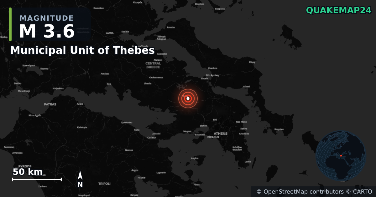 Terremoto de M3,6 cerca de Municipal Unit of Thebes, Central Greece (Grecia) · 2026-10-01 — Mapa de la ubicación del epicentro