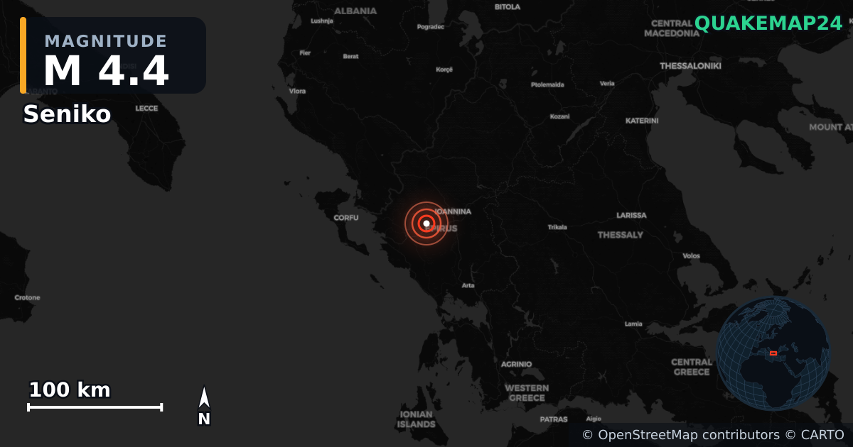 M4.4 earthquake near Seniko on Mar 24, 2026 — map of epicenter and shaking intensity | QuakeMap24