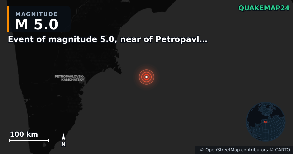 M5.0 earthquake near Event of magnitude 5.0, near of Petropavlovsk Kamchatskiy (Monde) on Sep 20, 2025 — map of epicenter and shaking intensity | QuakeMap24