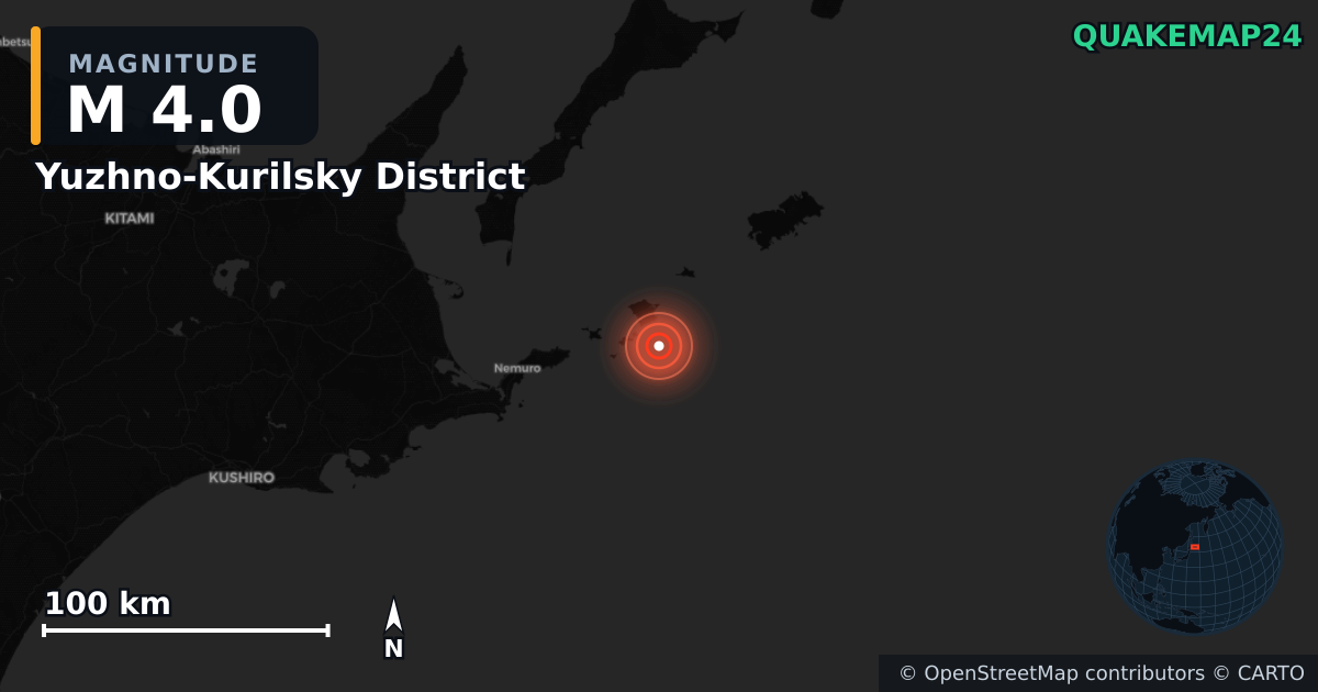 M4.0 earthquake near Yuzhno-Kurilsky District on Jul 21, 2026 — map of epicenter and shaking intensity | QuakeMap24