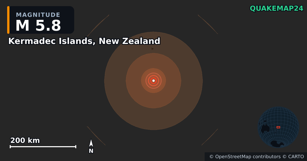Kermadec Islands, New Zealand yakınında M5,8 deprem · 2026-08-30 — Deprem merkez üssünün konumunu gösteren harita