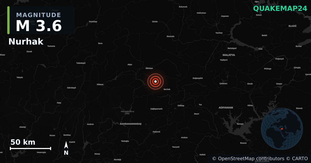M3.6 earthquake near Nurhak on Aug 21, 2025 — map of epicenter and shaking intensity | QuakeMap24