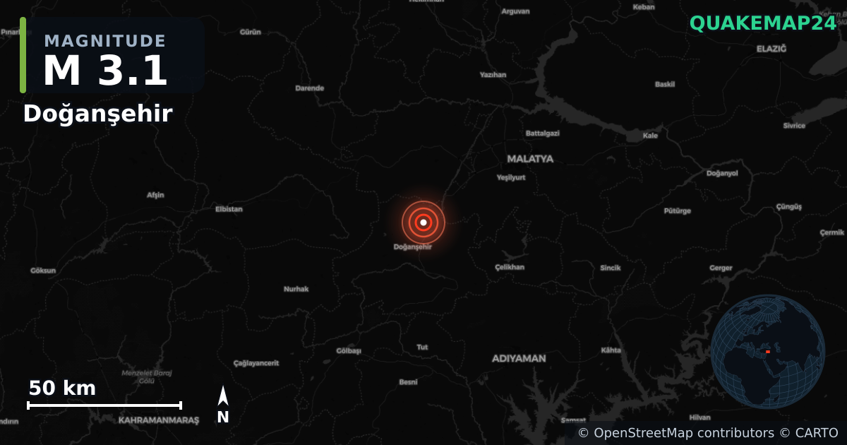 M3.1 earthquake near Doğanşehir on Feb 5, 2026 — map of epicenter and shaking intensity | QuakeMap24
