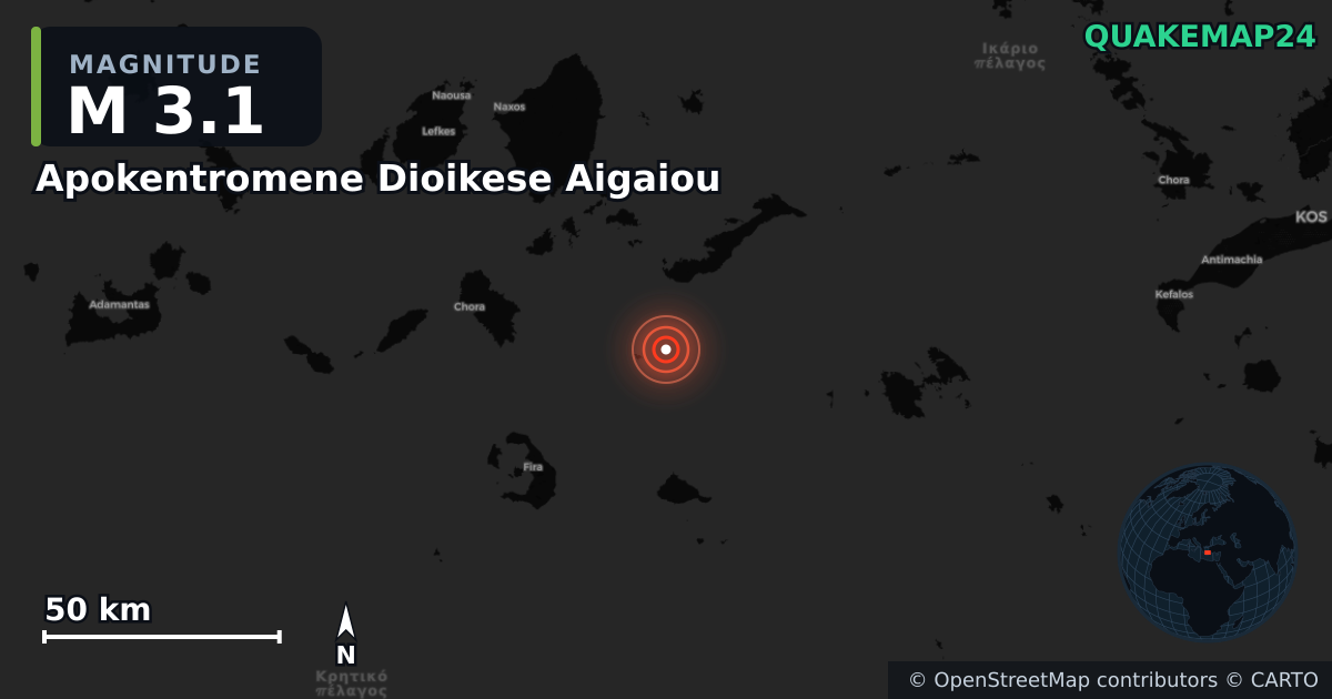 M3.1 earthquake near Apokentromene Dioikese Aigaiou on Jul 2, 2025 — map of epicenter and shaking intensity | QuakeMap24