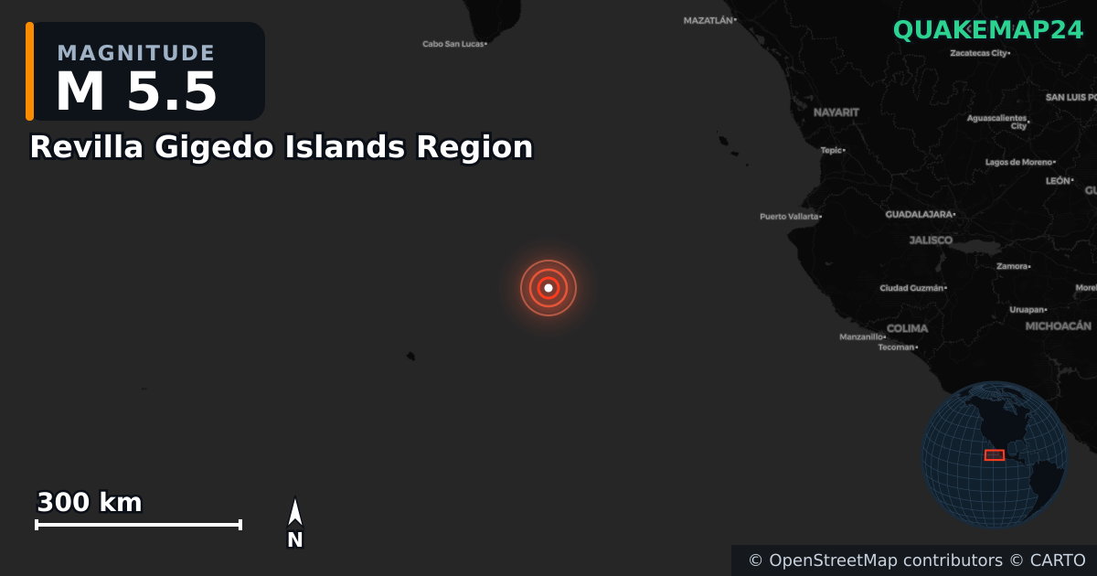 Terremoto de M5,5 cerca de Revilla Gigedo Islands Region · 2025-05-27 — Mapa de la ubicación del epicentro