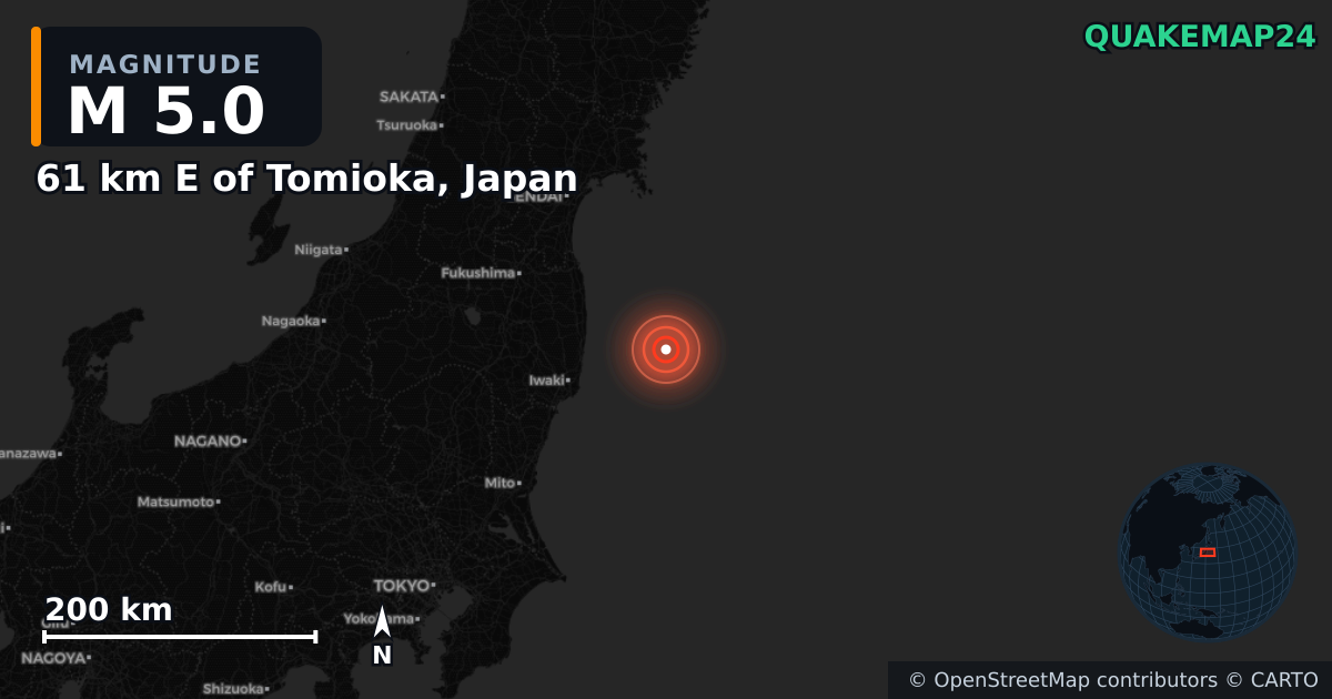 M5.0 earthquake near 61 km E of Tomioka, Japan on Aug 29, 2025 — map of epicenter and shaking intensity | QuakeMap24