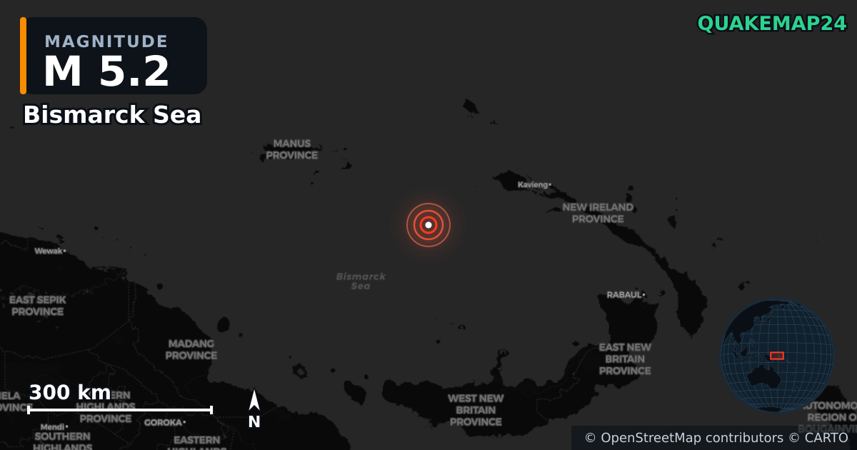 M5.2 earthquake near Bismarck Sea on Oct 10, 2025 — map of epicenter and shaking intensity | QuakeMap24