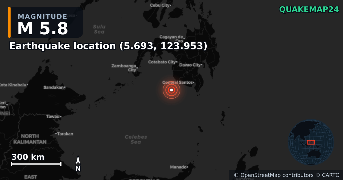 M5.8 earthquake near Earthquake location (5.693, 123.953) on Apr 4, 2026 — map of epicenter and shaking intensity | QuakeMap24