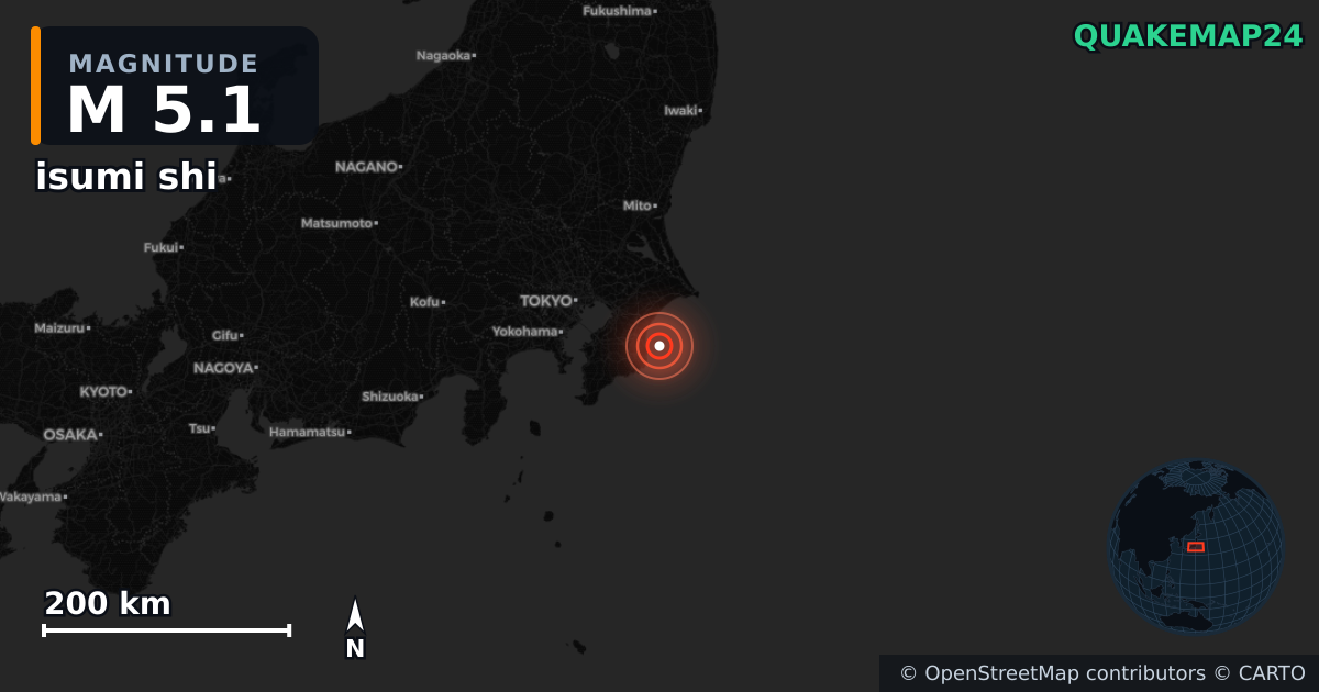 M5.1 earthquake near isumi shi on Jan 9, 2026 — map of epicenter and shaking intensity | QuakeMap24