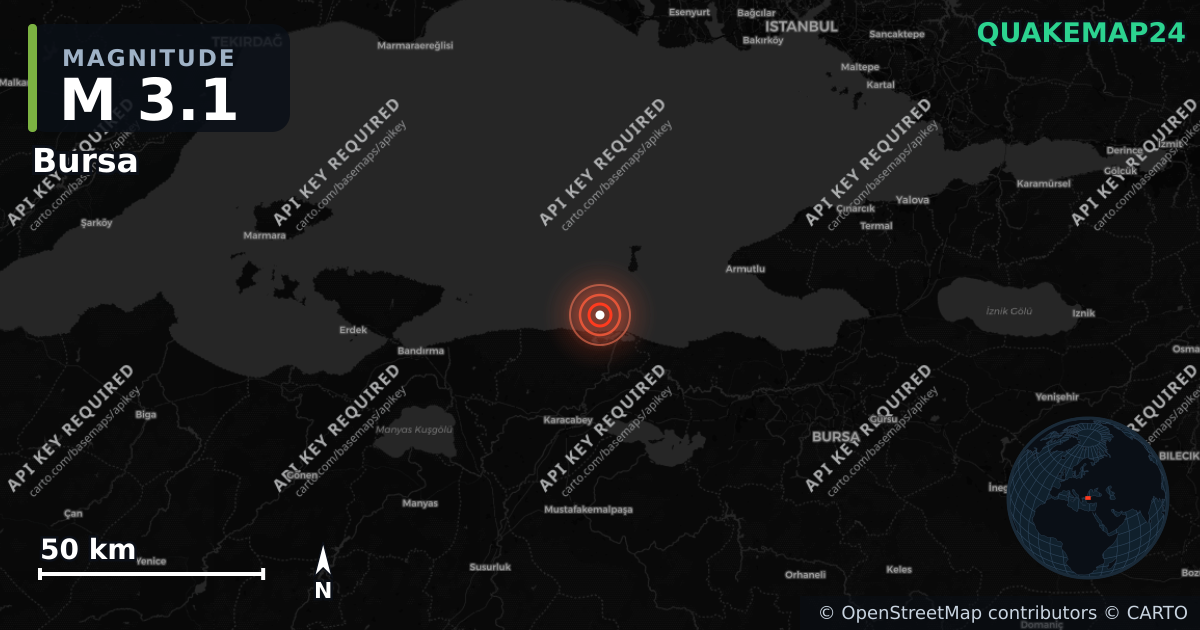 M3.1 earthquake near Bursa on Sep 4, 2026 — map of epicenter and shaking intensity | QuakeMap24