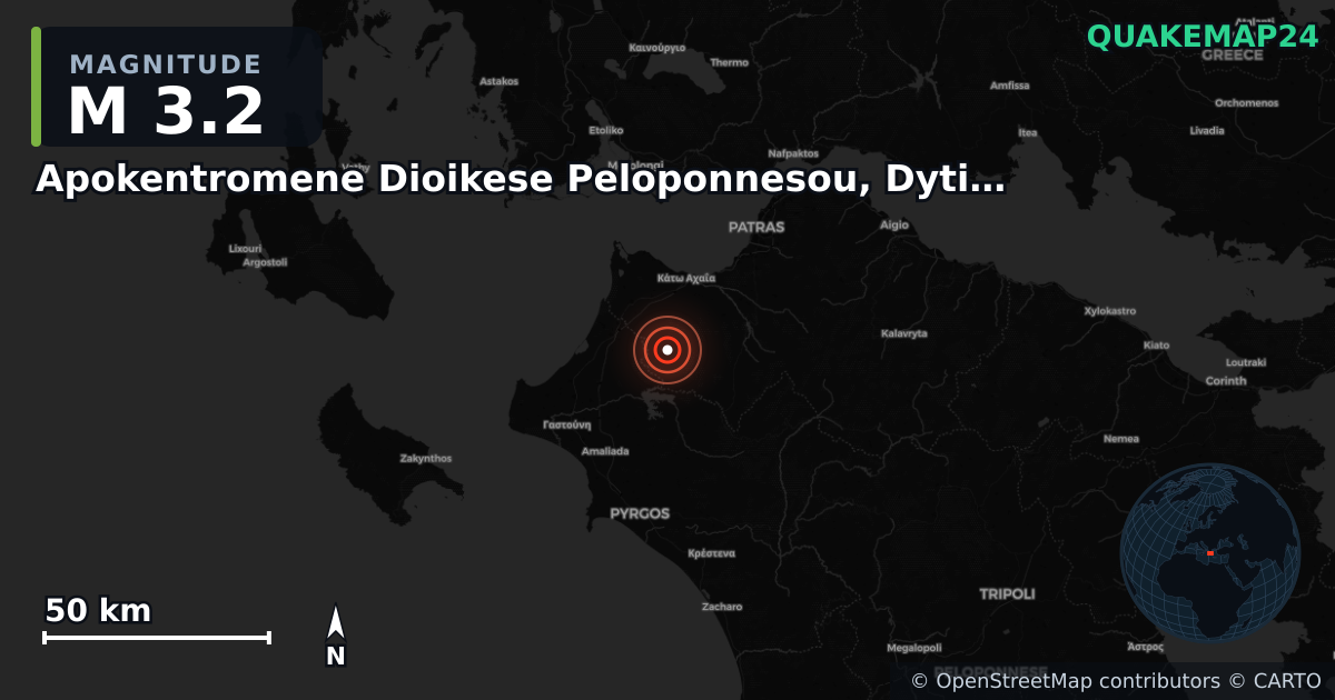 M3.2 earthquake near Apokentromene Dioikese Peloponnesou, Dytikes Elladas kai Ioniou on Jun 22, 2025 — map of epicenter and shaking intensity | QuakeMap24