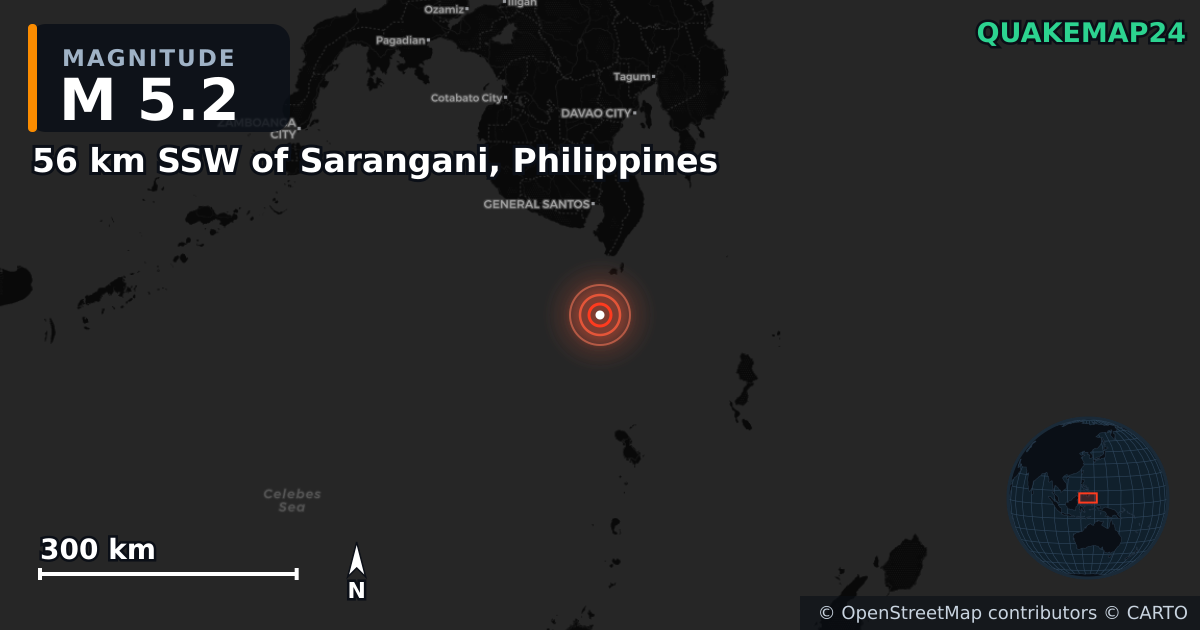 M5.2 earthquake near 56 km SSW of Sarangani, Philippines on Jul 11, 2026 — map of epicenter and shaking intensity | QuakeMap24