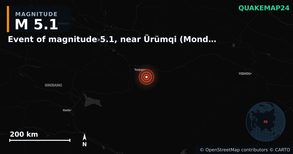 Erdbeben M5,1 bei Event of magnitude 5.1, near Ürümqi (Monde) · 2026-05-03 — Karte der Lage des Epizentrums