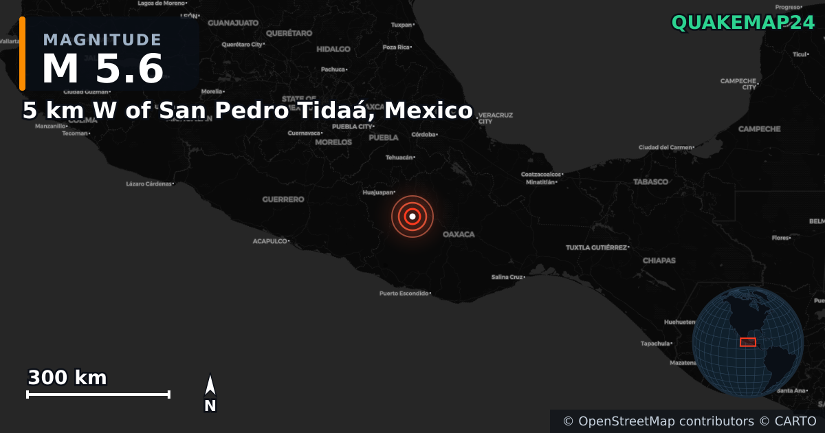 M5.6 earthquake near 5 km W of San Pedro Tidaá, Mexico on Mar 15, 2025 — map of epicenter and shaking intensity | QuakeMap24