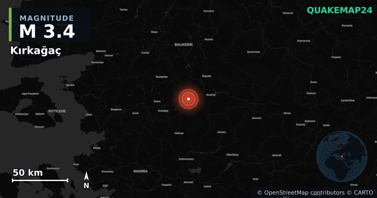 M3.4 earthquake near Kırkağaç on Aug 22, 2025 — map of epicenter and shaking intensity | QuakeMap24