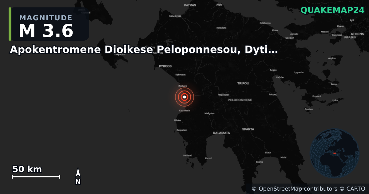 M3.6 earthquake near Apokentromene Dioikese Peloponnesou, Dytikes Elladas kai Ioniou on Nov 18, 2025 — map of epicenter and shaking intensity | QuakeMap24