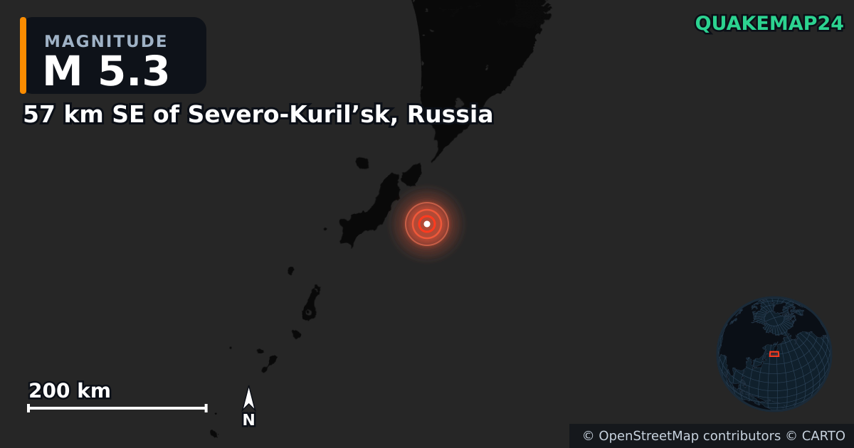 M5.3 earthquake near 57 km SE of Severo-Kuril’sk, Russia on Dec 2, 2025 — map of epicenter and shaking intensity | QuakeMap24