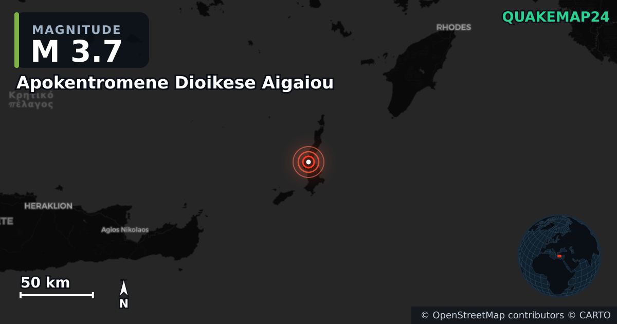 M3.7 earthquake near Apokentromene Dioikese Aigaiou on May 13, 2025 — map of epicenter and shaking intensity | QuakeMap24
