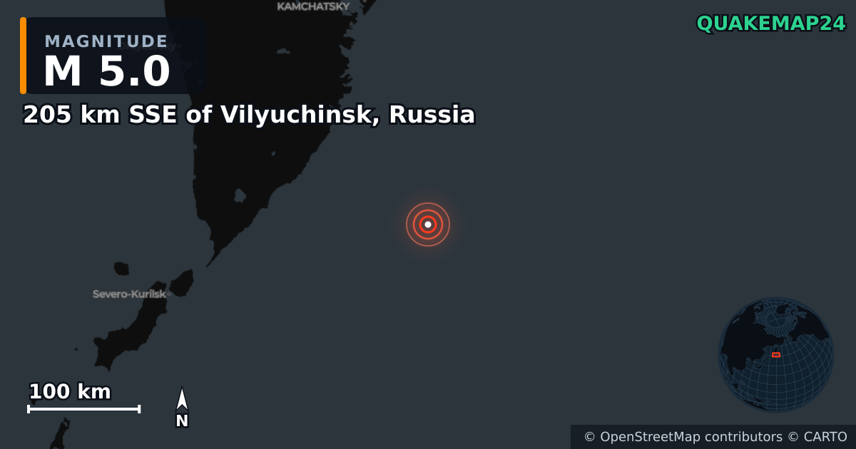 Erdbeben M5,0 bei 205 km SSE of Vilyuchinsk, Russia · 2026-10-28 — Karte der Lage des Epizentrums