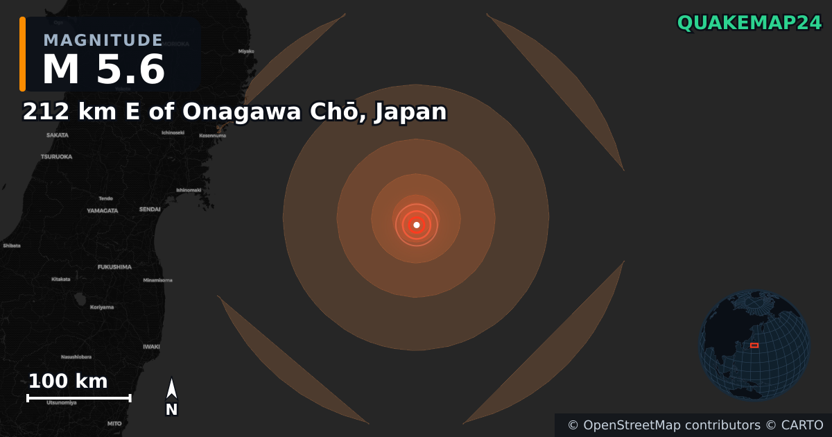 Σεισμός M5,6 κοντά στο 212 km E of Onagawa Chō, Japan · 2026-08-26 — Χάρτης της θέσης του επικέντρου