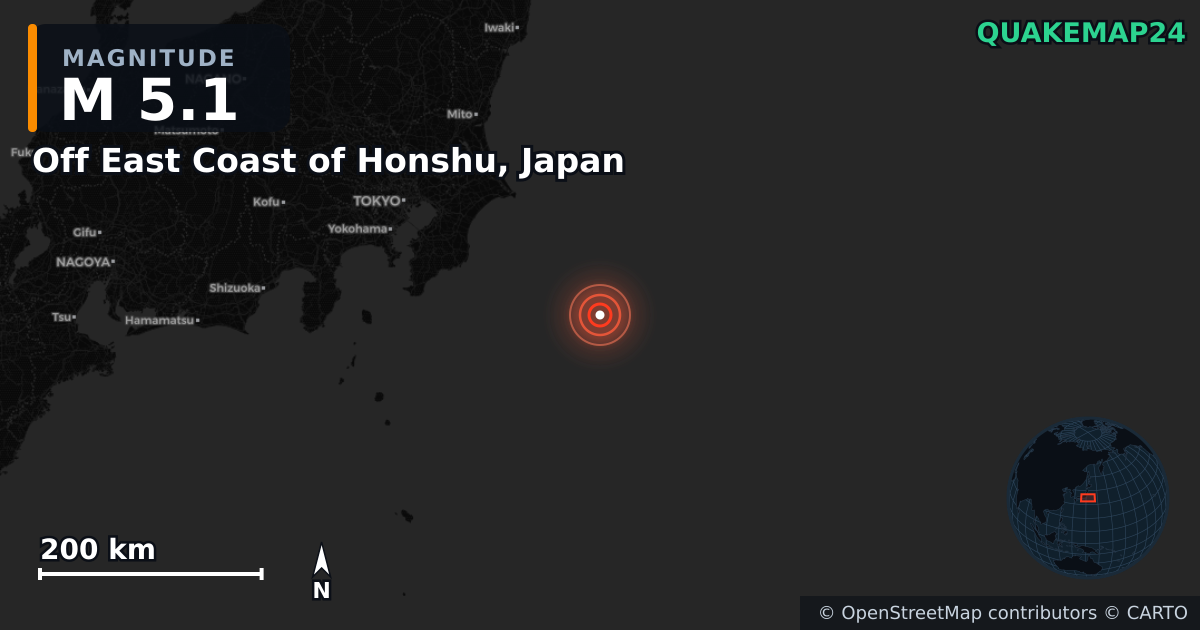 M5.1 earthquake near Off East Coast of Honshu, Japan on Dec 21, 2025 — map of epicenter and shaking intensity | QuakeMap24