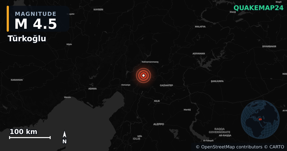 M4.5 earthquake near Türkoğlu on Nov 20, 2025 — map of epicenter and shaking intensity | QuakeMap24