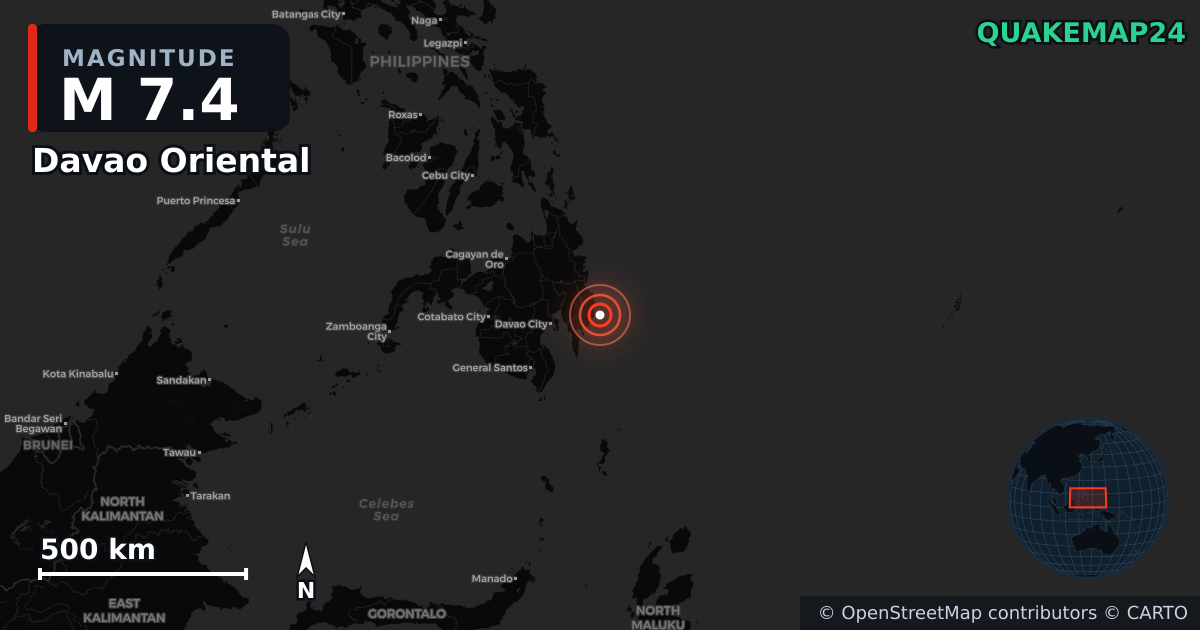 M7.4 earthquake near Davao Oriental on Oct 10, 2025 — map of epicenter and shaking intensity | QuakeMap24