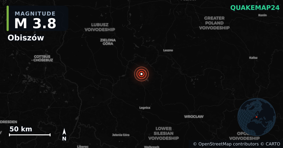 M3.8 earthquake near Obiszów on Feb 27, 2025 — map of epicenter and shaking intensity | QuakeMap24
