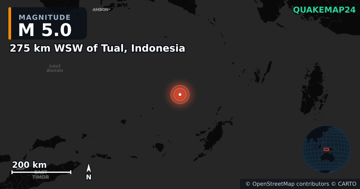 M5.0 earthquake near 275 km WSW of Tual, Indonesia on Mar 25, 2025 — map of epicenter and shaking intensity | QuakeMap24
