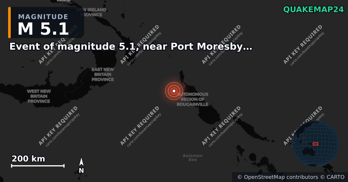 M5.1 earthquake near Event of magnitude 5.1, near Port Moresby (Monde) on May 6, 2026 — map of epicenter and shaking intensity | QuakeMap24