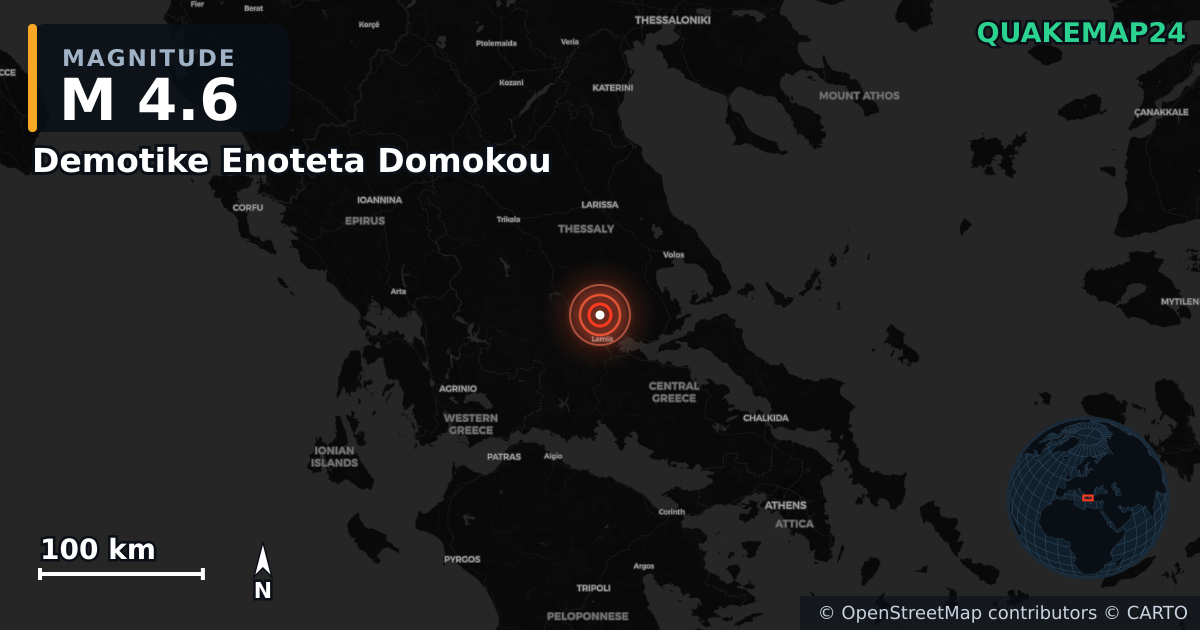 M4.6 earthquake near Demotike Enoteta Domokou on Jan 10, 2026 — map of epicenter and shaking intensity | QuakeMap24