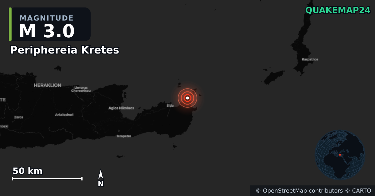M3.0 earthquake near Periphereia Kretes on Dec 26, 2025 — map of epicenter and shaking intensity | QuakeMap24