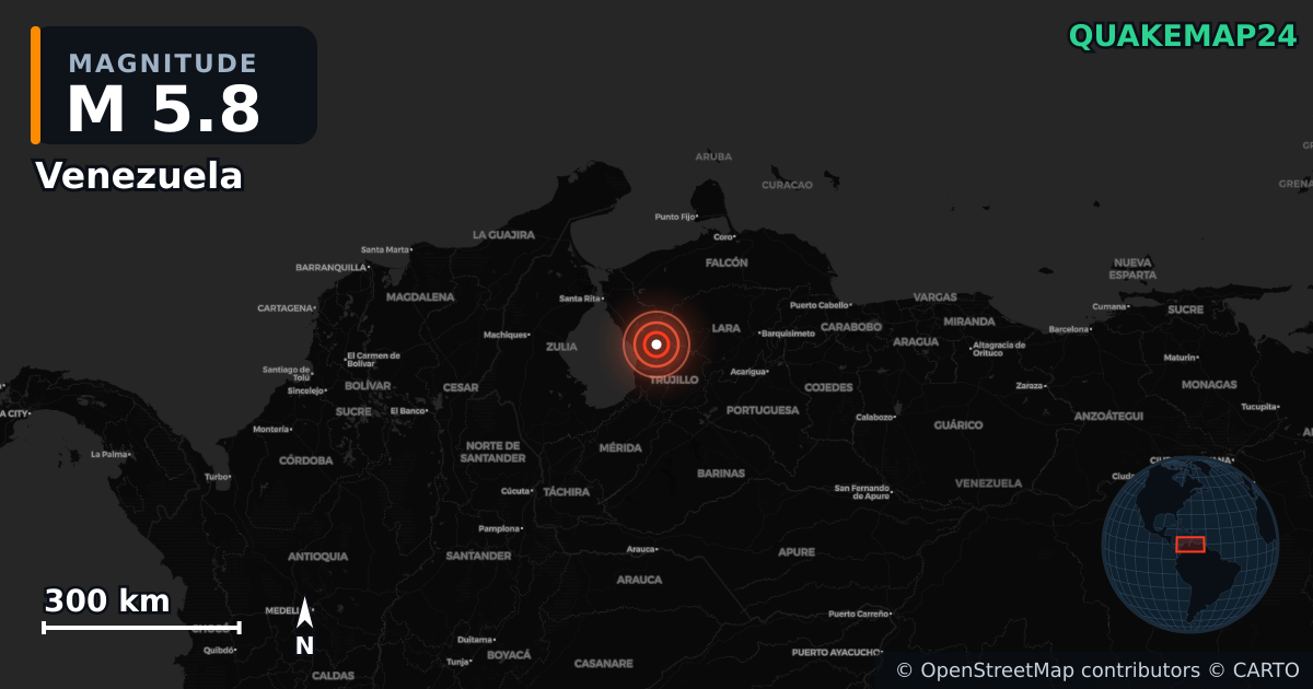 M5.8 earthquake near Venezuela on Sep 25, 2025 — map of epicenter and shaking intensity | QuakeMap24