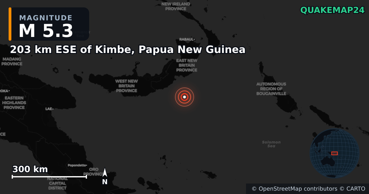 M5.3 earthquake near 203 km ESE of Kimbe, Papua New Guinea on Oct 27, 2025 — map of epicenter and shaking intensity | QuakeMap24
