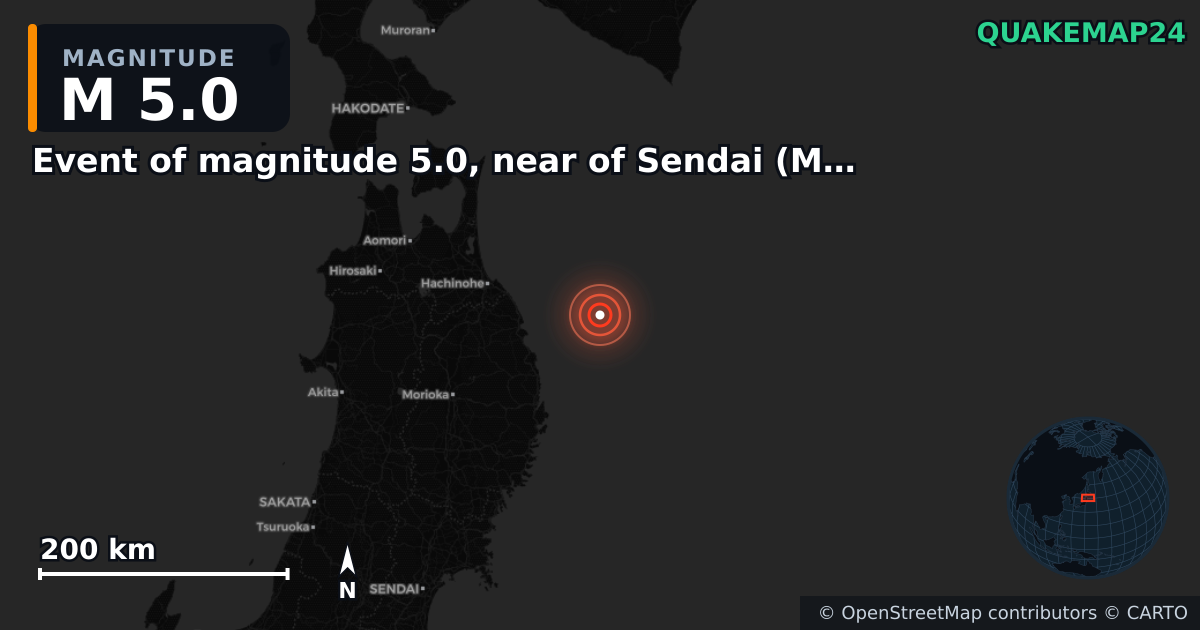 Erdbeben M5,0 bei Event of magnitude 5.0, near of Sendai (Monde) — Karte der Lage des Epizentrums