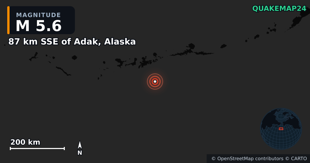 M5.6 earthquake near 87 km SSE of Adak, Alaska on Mar 20, 2025 — map of epicenter and shaking intensity | QuakeMap24