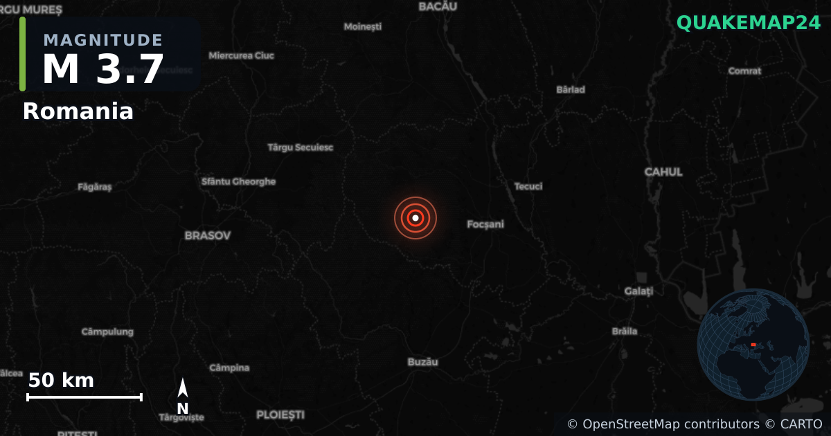 M3.7 earthquake near Romania on Aug 24, 2025 — map of epicenter and shaking intensity | QuakeMap24