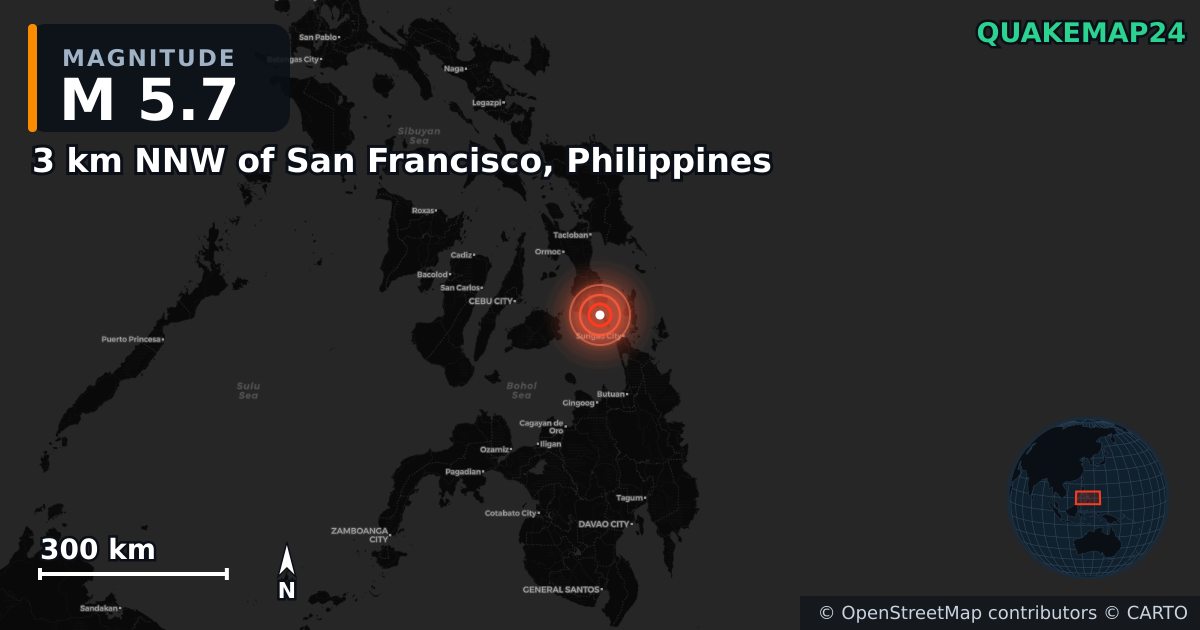 M5.7 earthquake near 3 km NNW of San Francisco, Philippines on Jan 22, 2025 — map of epicenter and shaking intensity | QuakeMap24