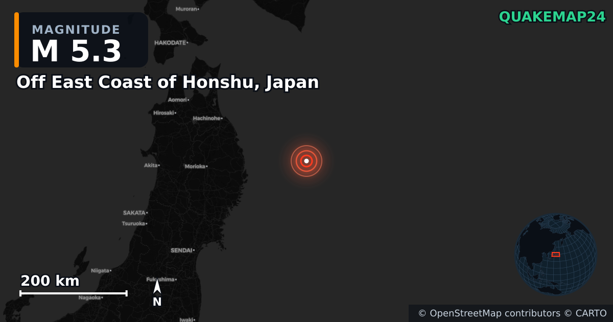 M5.3 earthquake near Off East Coast of Honshu, Japan on Apr 20, 2026 — map of epicenter and shaking intensity | QuakeMap24