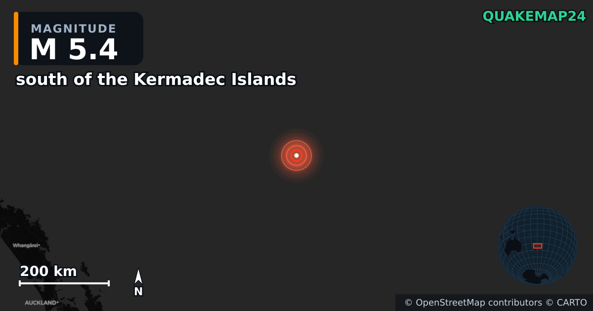 M5.4 earthquake near south of the Kermadec Islands on Apr 16, 2025 — map of epicenter and shaking intensity | QuakeMap24