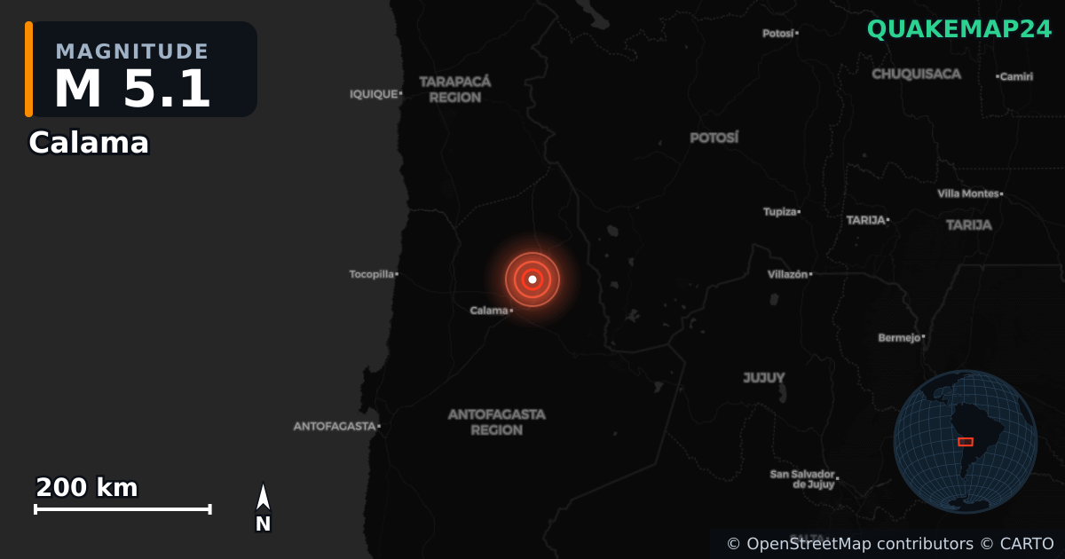 M5.1 earthquake near Calama on Mar 1, 2026 — map of epicenter and shaking intensity | QuakeMap24