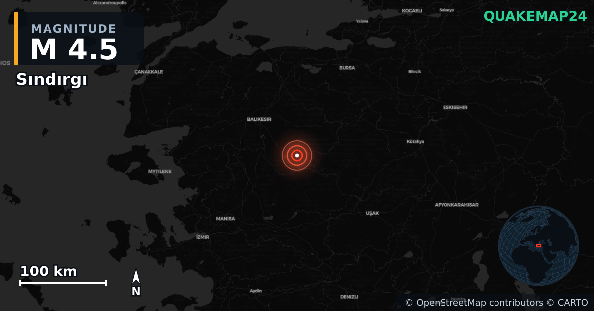 M4.5 earthquake near Sındırgı on Dec 11, 2025 — map of epicenter and shaking intensity | QuakeMap24