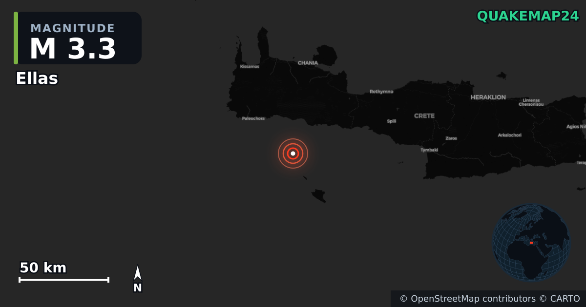 M3.3 earthquake near Ellas on Jan 27, 2026 — map of epicenter and shaking intensity | QuakeMap24