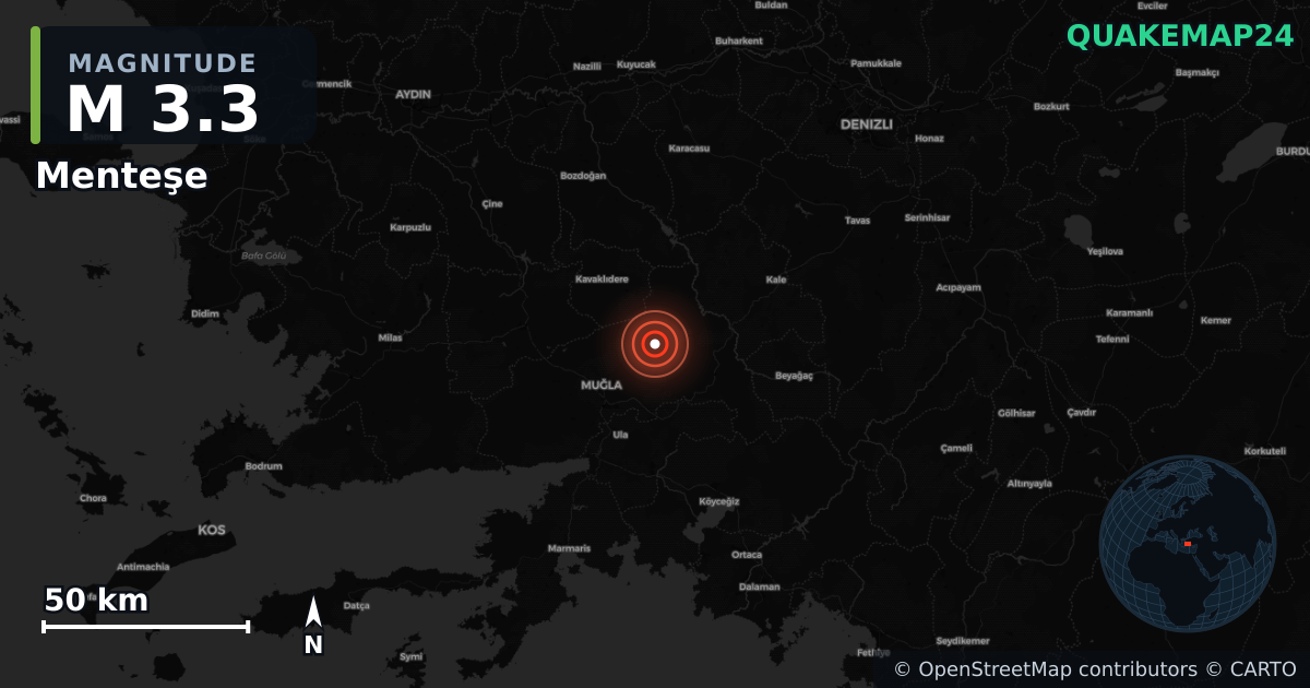 M3.3 earthquake near Menteşe on Feb 8, 2026 — map of epicenter and shaking intensity | QuakeMap24