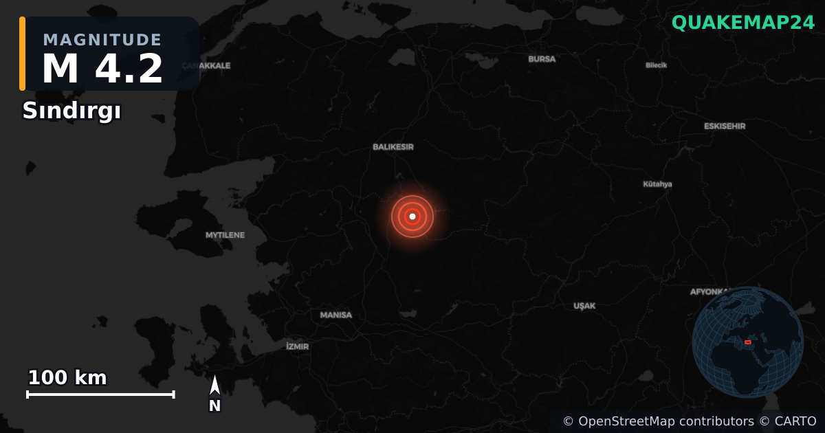M4.2 earthquake near Sındırgı on Nov 11, 2025 — map of epicenter and shaking intensity | QuakeMap24